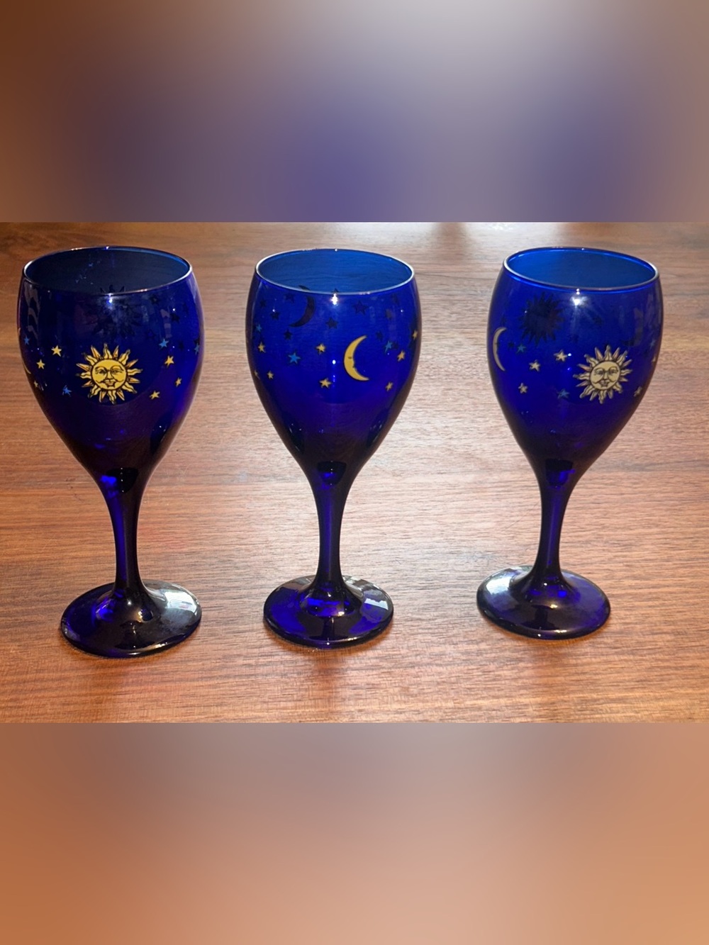 Libbey Cobalt Blue Celestial Sun Moon Stars Stem Wine Glass Set of 3 Vintage